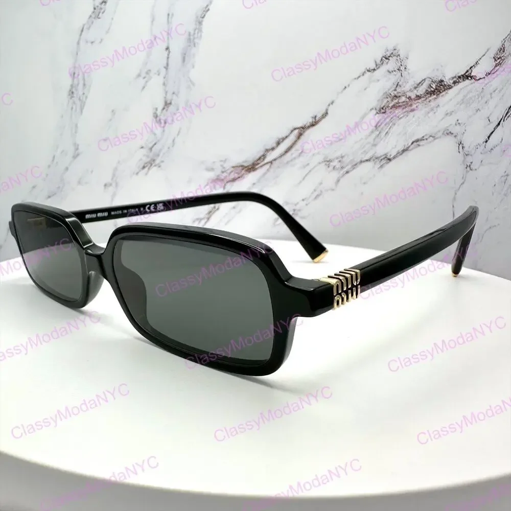 New MIU MIU Sunglasses Black Square Rectangle Acetate Gold Metal Logo Authentic